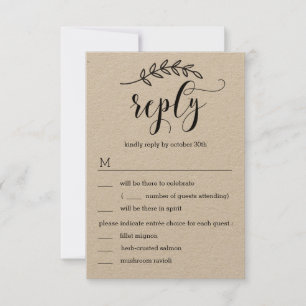 Invitation Mariage rustique Elegance RSVP avec Menu Kraft