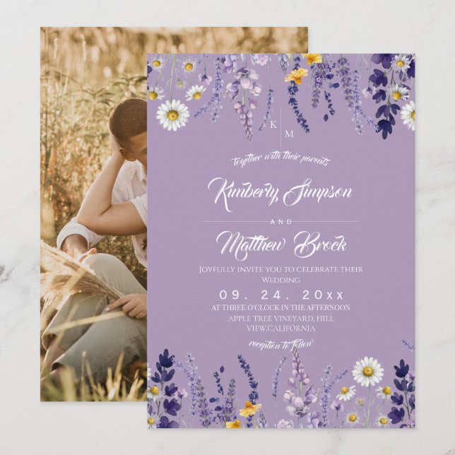 Invitation Mariage rustique élégant avec fleurs sauvages viol (Devant / Derrière)