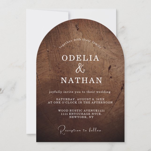 Invitation Mariage rustique élégant avec texture de bois grai (Devant)