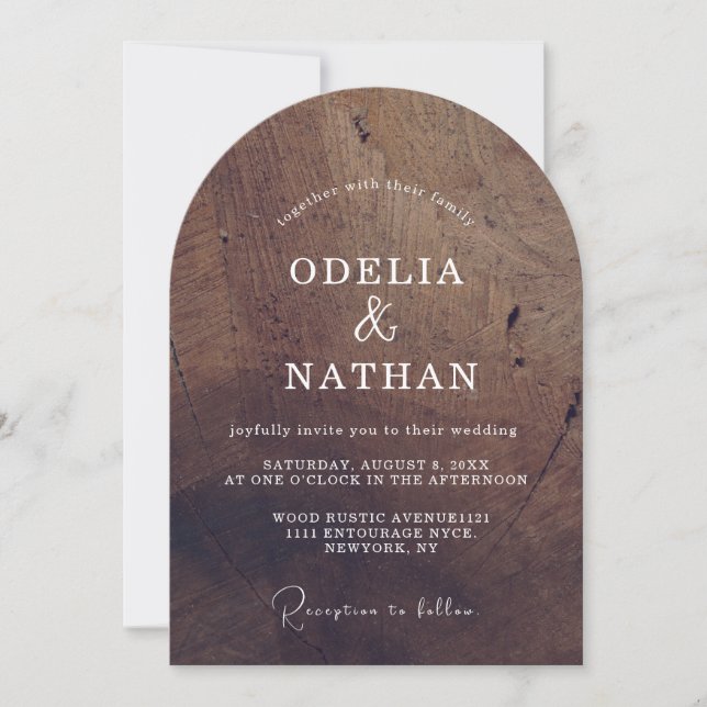Invitation Mariage rustique élégant avec texture de bois grai (Devant)