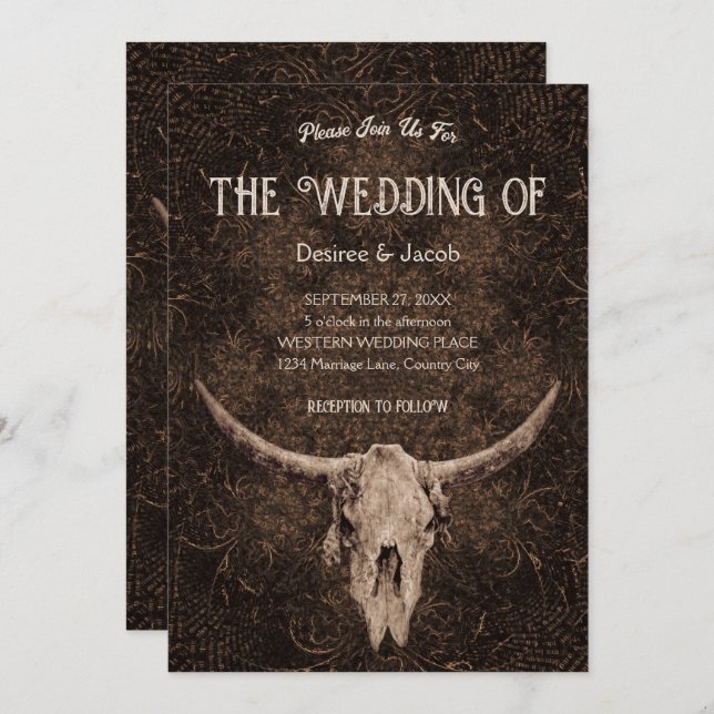 Invitation Mariage rustique élégant Brown Western Bull Skull (Devant / Derrière)