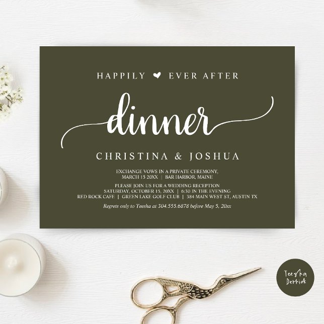 Invitation Mariage Rustique Elopement Heureux Jamais Après Le (Happily Ever After Dinner Invitation Card, Modern Elopement Rustic Script, PDF, Olive Green)