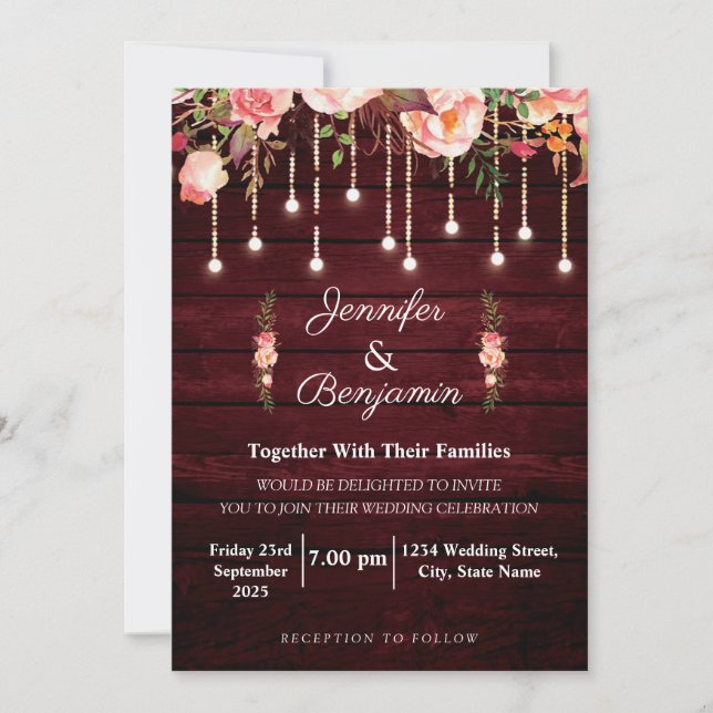 Invitation Mariage Rustique en Bois aux Fleurs Marron (Devant)