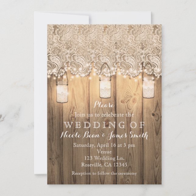 Invitation Mariage Rustique en Bois avec Dentelle et Pots Mas (Devant)