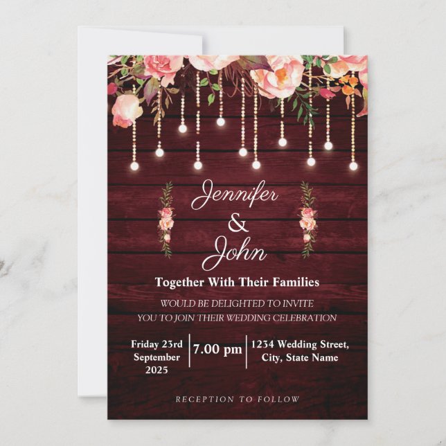 Invitation Mariage rustique en bois bordeaux floral (Devant)