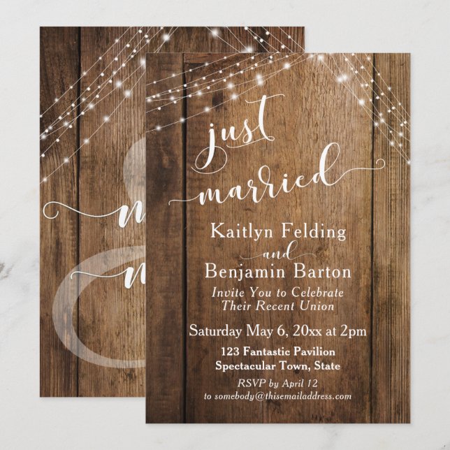 Invitation Mariage Rustique en Bois Brun et Lumières (Devant / Derrière)