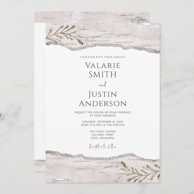Invitation Mariage Rustique en bois de bouleau tout en un (Devant / Derrière)