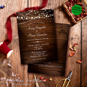 Invitation Mariage rustique en bois de tonneau et lampes à co