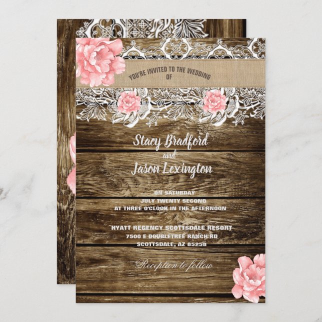 Invitation Mariage rustique en bois et dentelle (Devant / Derrière)