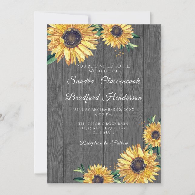Invitation Mariage rustique en bois gris tournesol (Devant)