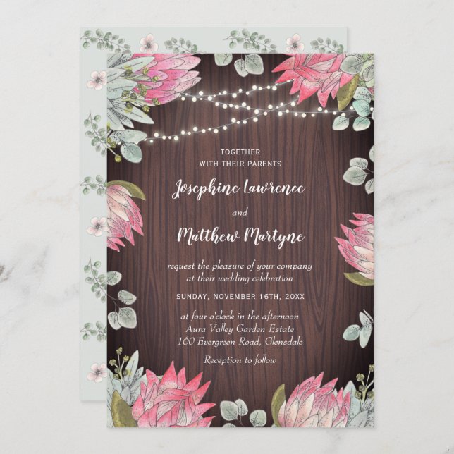 Invitation Mariage rustique en bois Protea (Devant / Derrière)