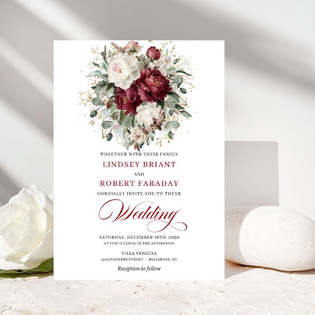 Invitation Mariage rustique en Bourgogne avec fleurs blanches (Rustic Burgundy White Floral Eucalyptus Wedding Invite)