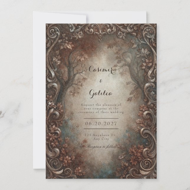 Invitation Mariage rustique en forêt automnale avec filigrane (Devant)