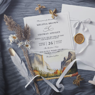 Invitation Mariage rustique en forêt de montagne avec code QR