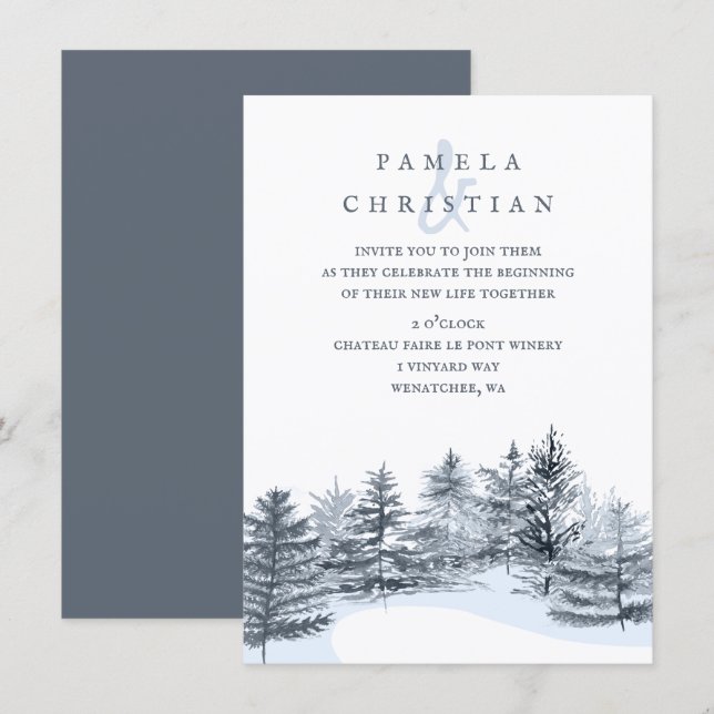 Invitation Mariage rustique en forêt de pins gris ardoise (Devant / Derrière)