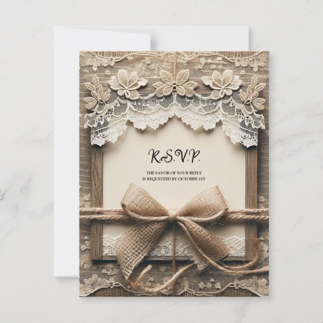 Invitation Mariage rustique en toile de jute avec dentelle fl (Devant)