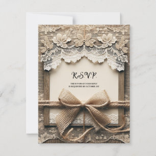 Invitation Mariage rustique en toile de jute avec dentelle fl