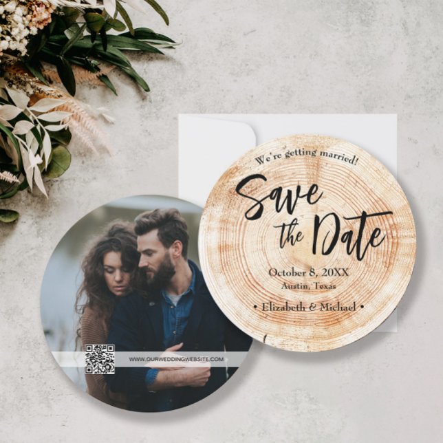 Invitation Mariage rustique Enregistrer la date Photo sur le  (Rustic elegant wood cut slice design, wedding photo save the date qr code website)