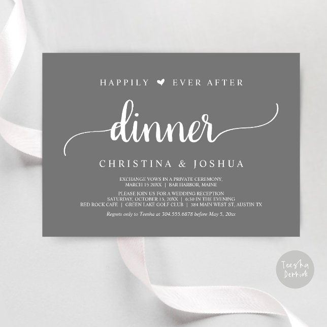 Invitation Mariage Rustique et Intime Dîner de Félicité Étern (Happily Ever After Dinner Invitation Card, Modern Elopement Rustic Script, PDF, Dark Grey)