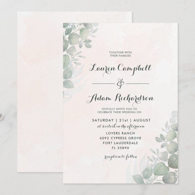 Invitation Mariage rustique eucalyptus feuillage vert et oran (Devant / Derrière)