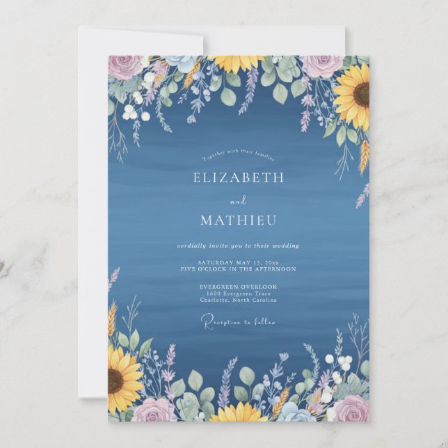 Invitation Mariage Rustique Eucalyptus Tournesol Azur (Devant)