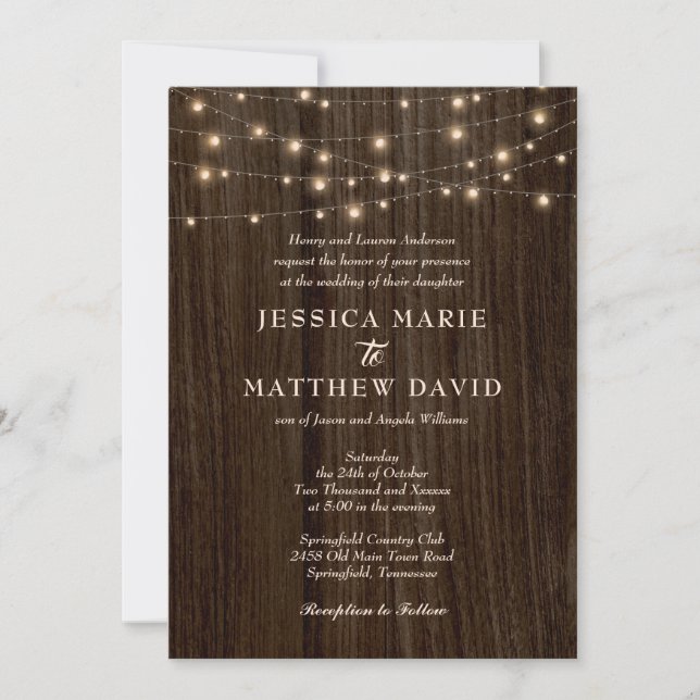 Invitation Mariage rustique Farmhouse Twinkling Lights (Devant)