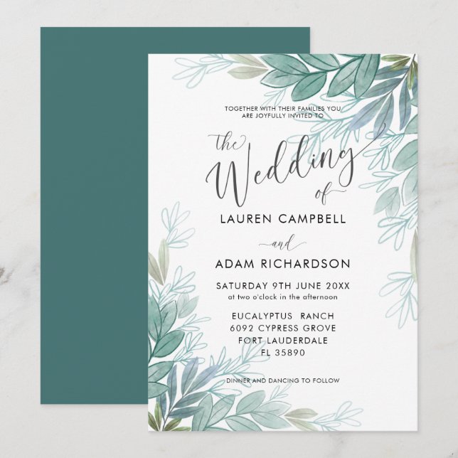 Invitation Mariage Rustique Feuillage Vert Sauge & Teal Verdu (Devant / Derrière)