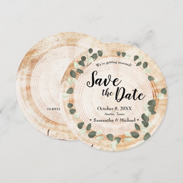 Invitation Mariage rustique Feuille d'Eucalyptus en Bois Sauv (Devant / Derrière)