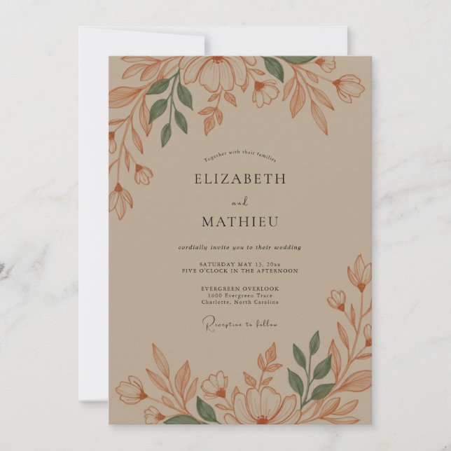 Invitation Mariage Rustique Fleur Ochre (Devant)