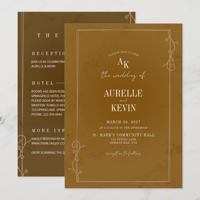 Invitation Mariage Rustique Fleuris Marbre Élégant QRcode (Devant / Derrière)