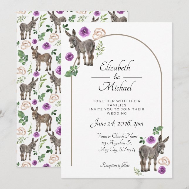 Invitation Mariage Rustique Fleuris Violet Âne (Devant / Derrière)
