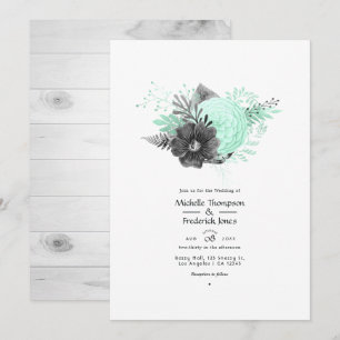 Invitation Mariage rustique floral à la menthe et au charbon
