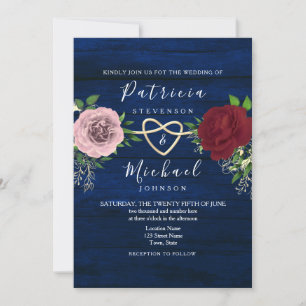Invitation Mariage rustique floral bleu marine, bordeaux et r