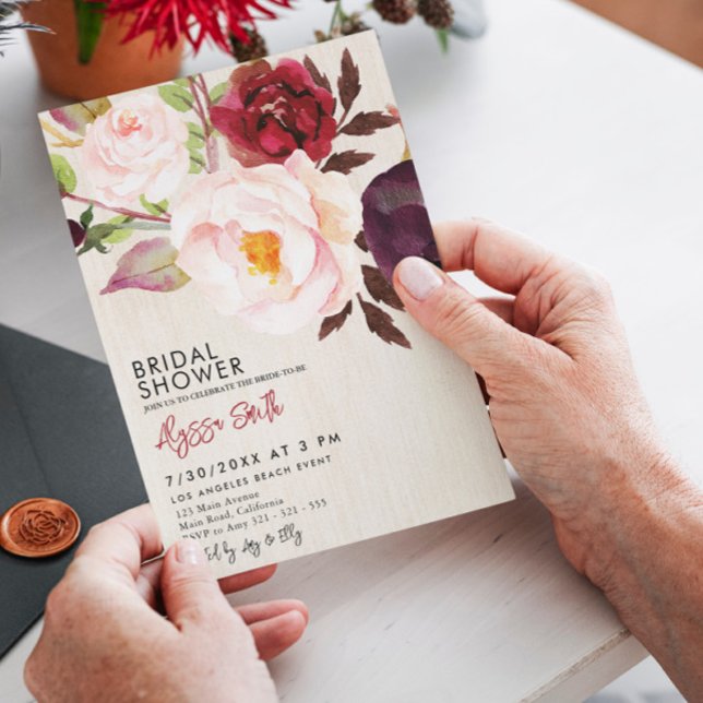 Invitation Mariage Rustique Floral Bois Marsala Bourgogne Ent (Créateur téléchargé)