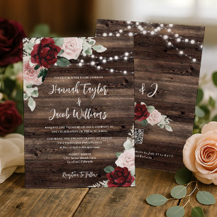 Invitation Mariage rustique floral burgundy et rose tendre