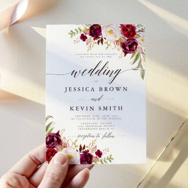 Invitation Mariage rustique floral burgundy Marsala (Créateur téléchargé)