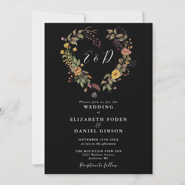 Invitation Mariage Rustique Floral Cœur Noir Et Blanc (Devant)