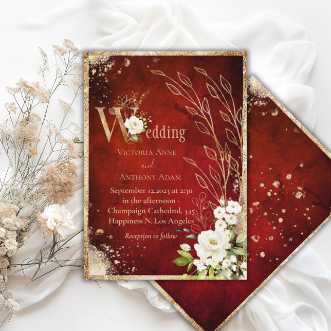 Invitation Mariage rustique floral élégant blanc rouge or (Créateur téléchargé)