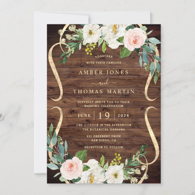 Invitation Mariage rustique floral en ivoire rose (Devant)
