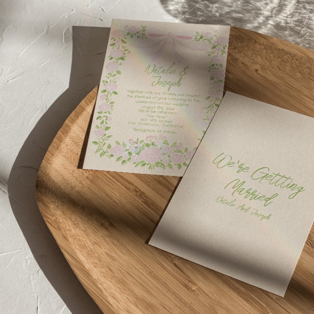 Invitation Mariage rustique floral été tiré vert rose (Créateur téléchargé)
