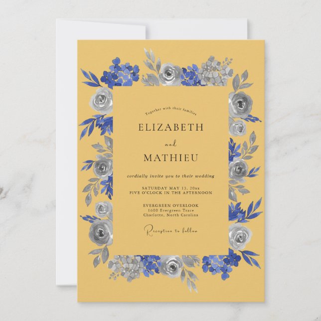 Invitation Mariage Rustique Floral Indigo Moutarde (Devant)