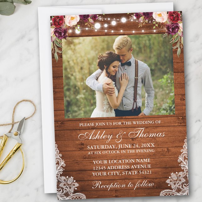 Invitation Mariage rustique Floral Lumières dentelle (Customize to add more text or more photos to back of card.)