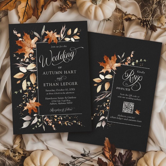 Invitation Mariage rustique floral noir feuilles d'automne (Elegant watercolor Autumn leaves modern black orange rust Fall QR code rsvp wedding invitation)