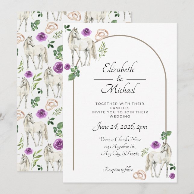 Invitation Mariage rustique floral pourpre équestre (Devant / Derrière)