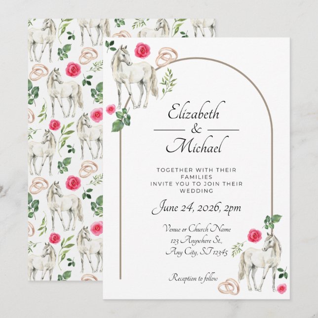 Invitation Mariage rustique floral rose équestre (Devant / Derrière)