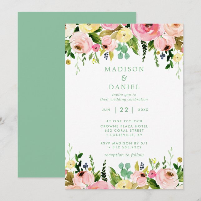 Invitation Mariage rustique floral rose et vert menthe (Devant / Derrière)