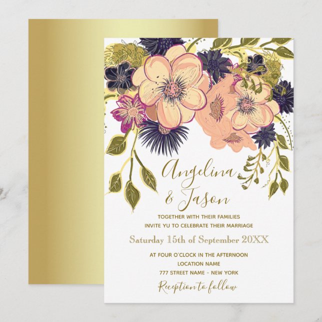 Invitation Mariage rustique floral rose poudré (Devant / Derrière)