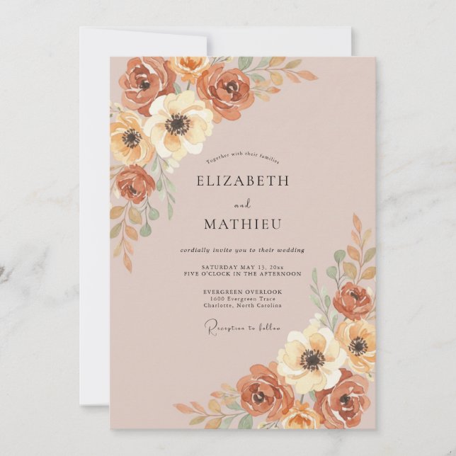 Invitation Mariage Rustique Floral Terracotta Élégant (Devant)