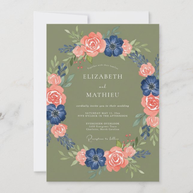 Invitation Mariage rustique floral vert olive et pêche (Devant)