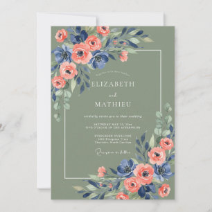 Invitation Mariage rustique floral vert sauge et marine